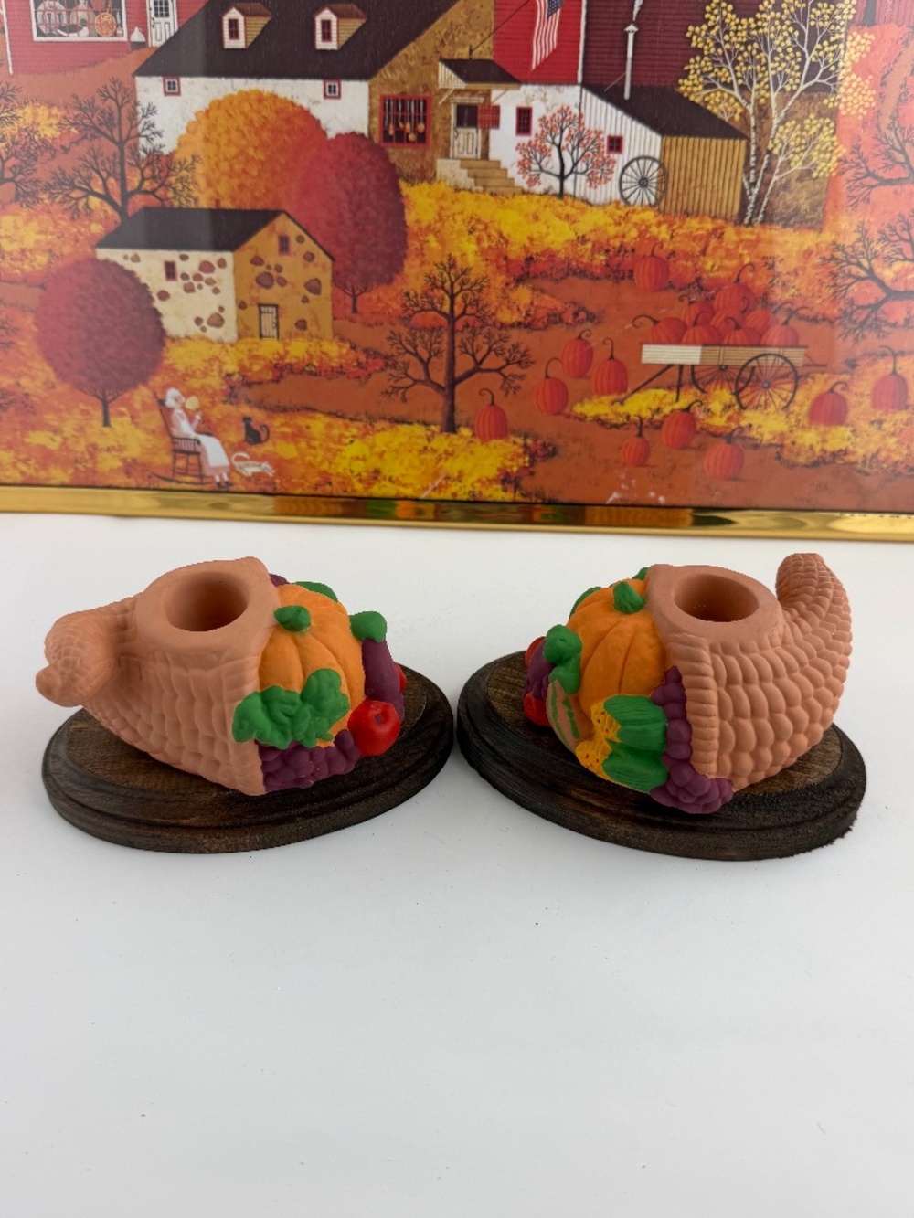 PartyLite Fall Harvest Time Taper Candle Holders (2) Cornucopia Pumpkins - FALL